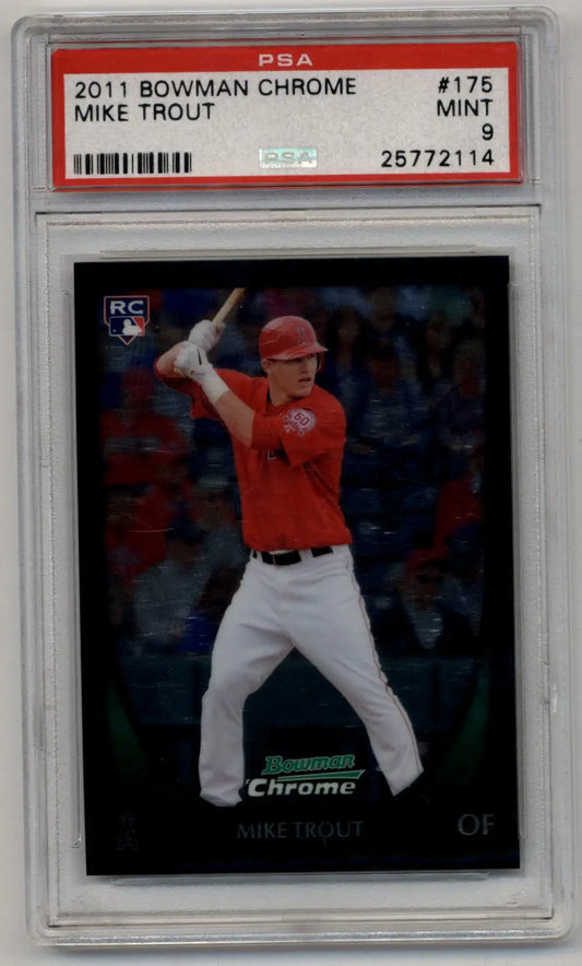 A graded 2011 Bowman Chrome Mike Trout rookie baseball card in PSA 9 Mint condition