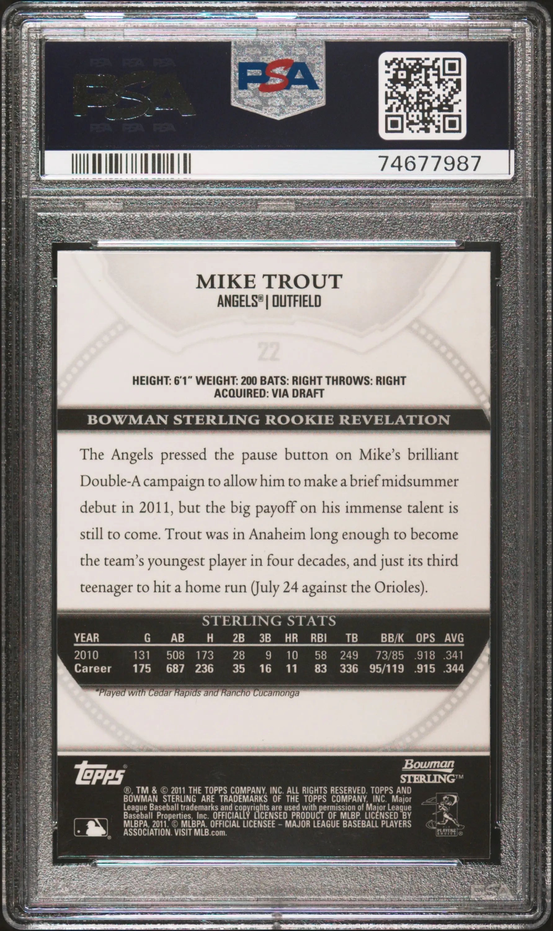 Mike Trout 2011 Bowman Sterling #22 PSA 9 Mint trading card back in protective case