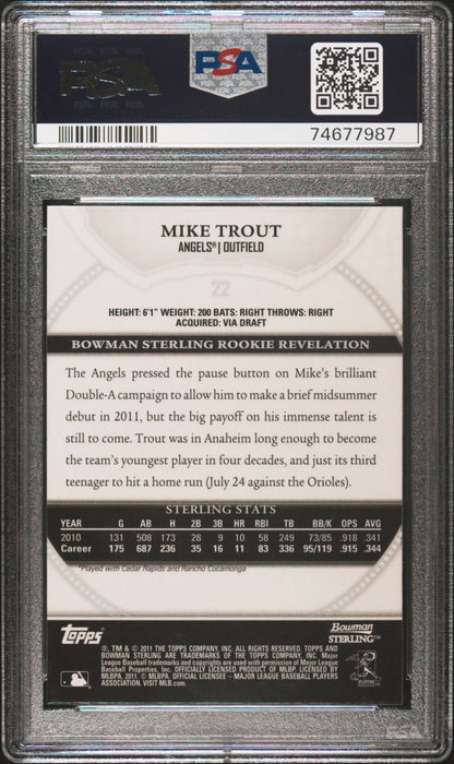 Mike Trout 2011 Bowman Sterling #22 PSA 9 Mint trading card back in protective case