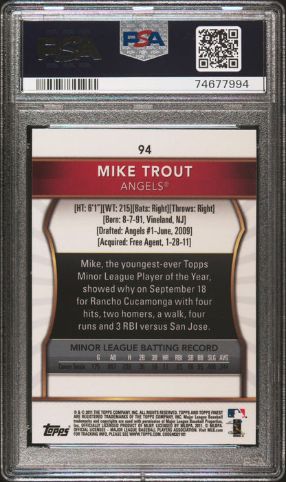 Graded Mike Trout 2011 Topps Finest baseball card PSA 9 Mint image