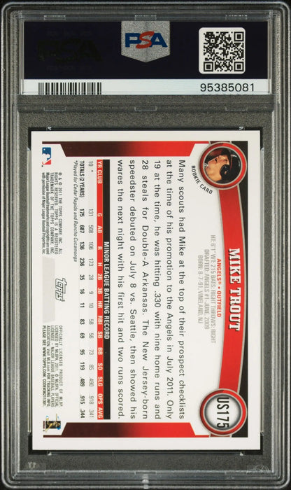 PSA-graded Mike Trout 2011 Topps Traded #US175 Gem Mint card back with stats and text