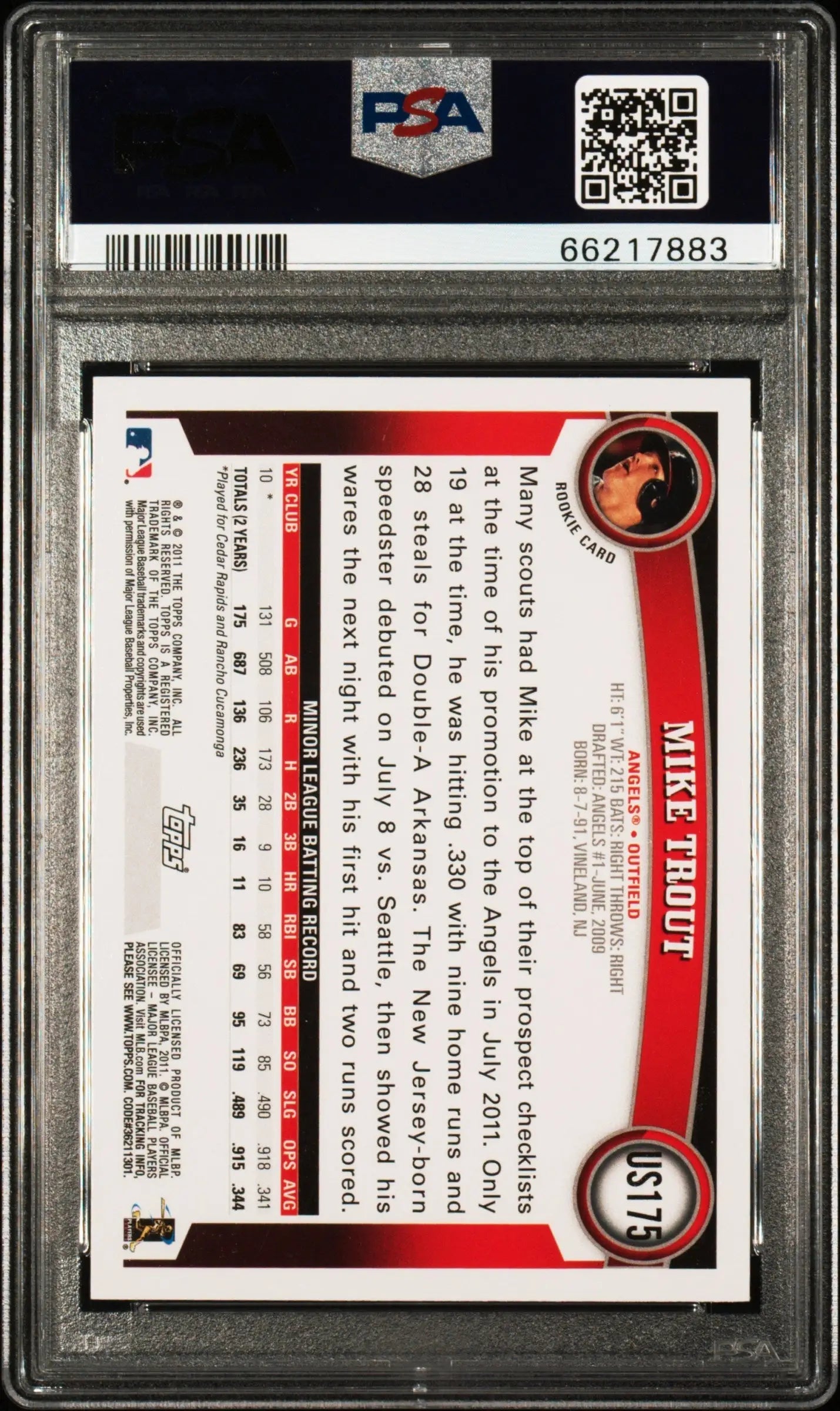 Graded Mike Trout 2011 Topps Update US175 PSA 9 Mint baseball card