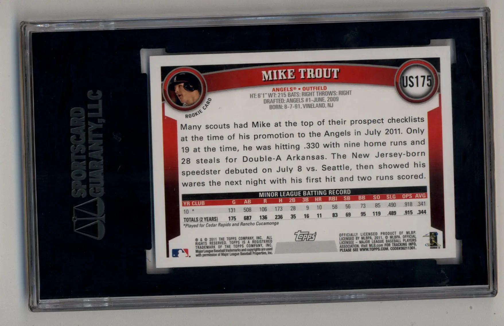 Mike Trout 2011 Topps Update US175 Rookie SGC 9 Mint baseball card in protective slab