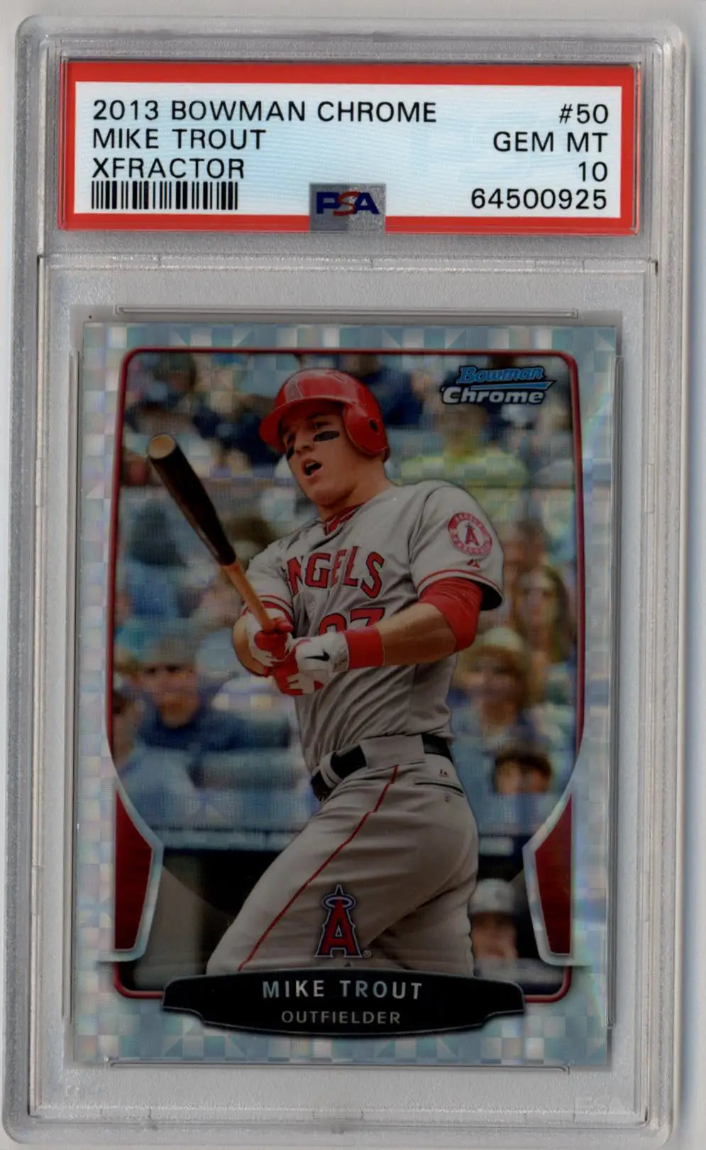 PSA 10 Gem Mint Mike Trout 2013 Bowman Chrome Xfractor baseball card in batting stance