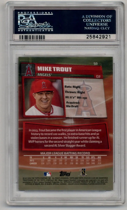 Mike Trout Stadium Club baseball card in protective case with PSA 10 Gem Mint grade