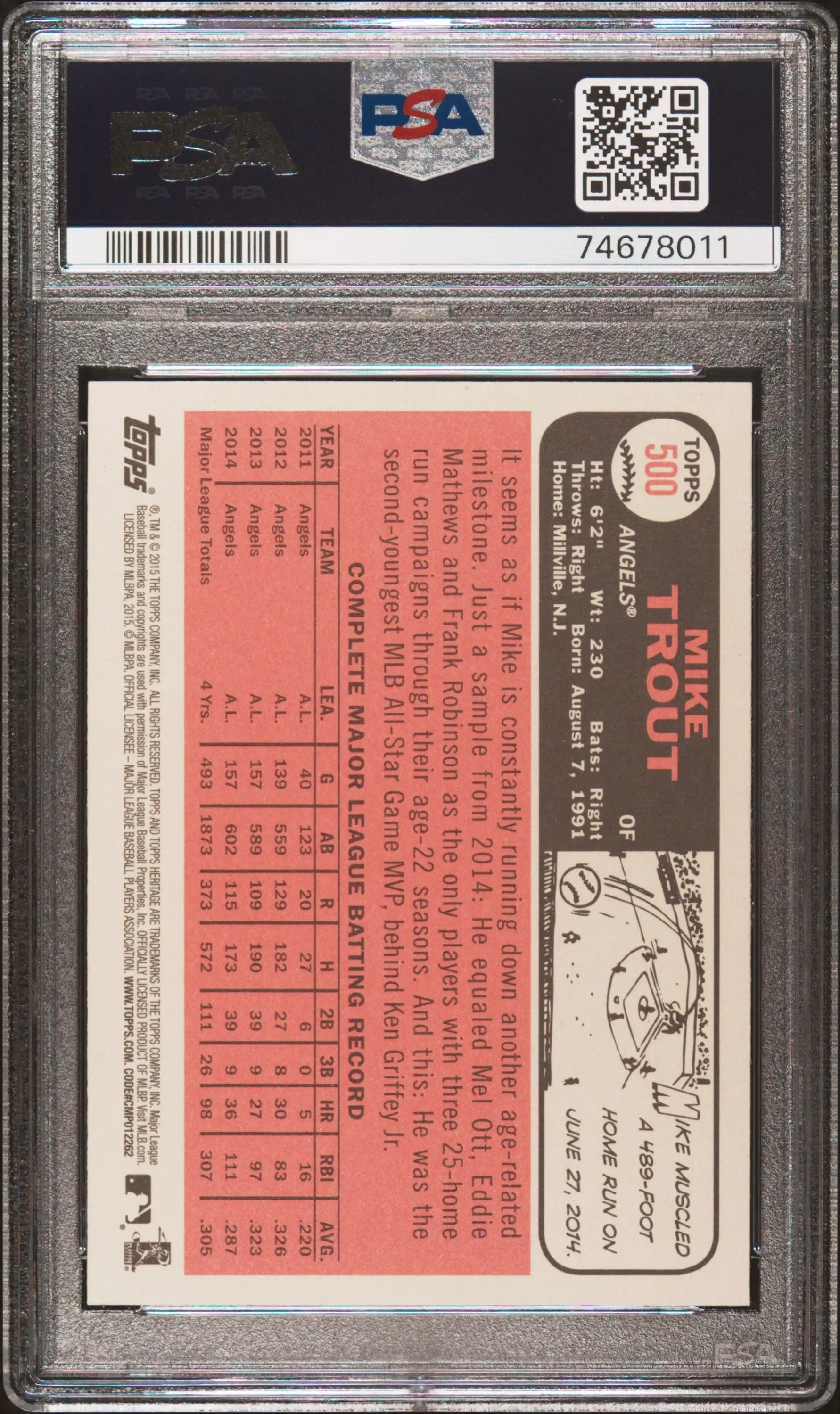 Encased Mike Trout 2015 Topps Heritage #500 baseball card PSA 10 Gem Mint