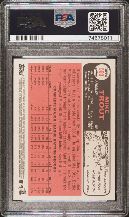 Encased Mike Trout 2015 Topps Heritage #500 baseball card PSA 10 Gem Mint