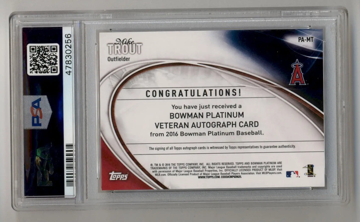 Mike Trout Bowman Platinum Auto baseball card with PSA 9 Mint grade