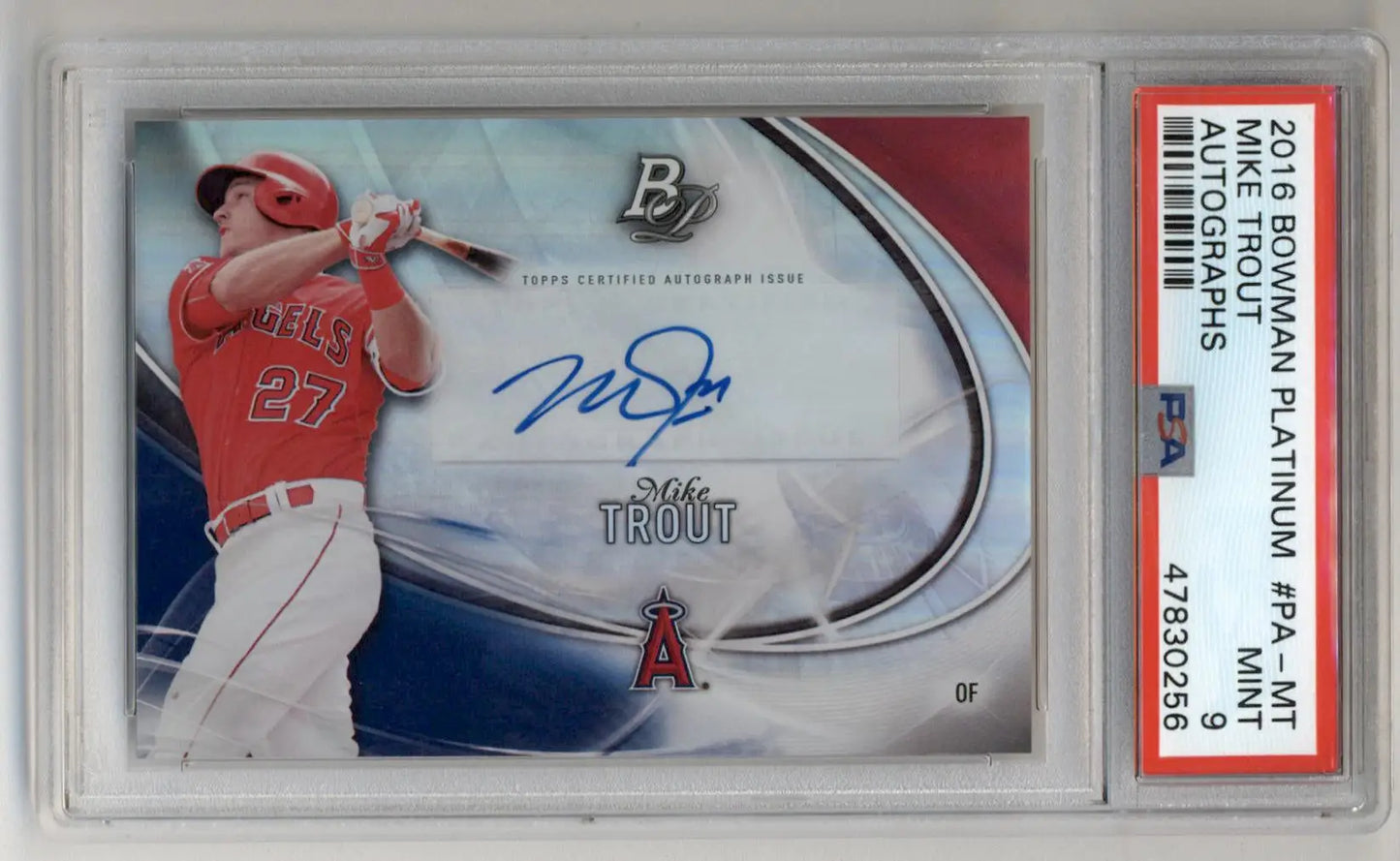 A graded 2016 Bowman Platinum Auto Mike Trout baseball card PSA 9 Mint