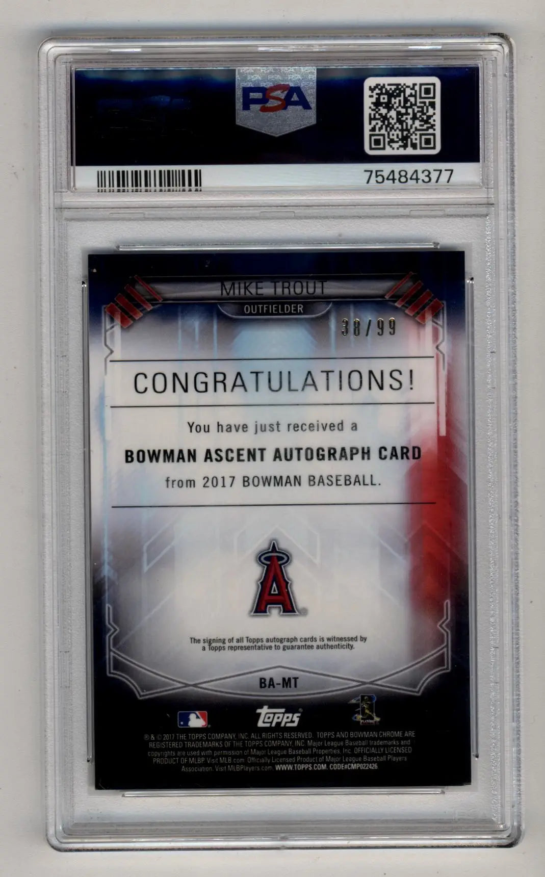Graded Mike Trout Bowman Ascent Auto baseball card PSA 9 Mint Auto 9