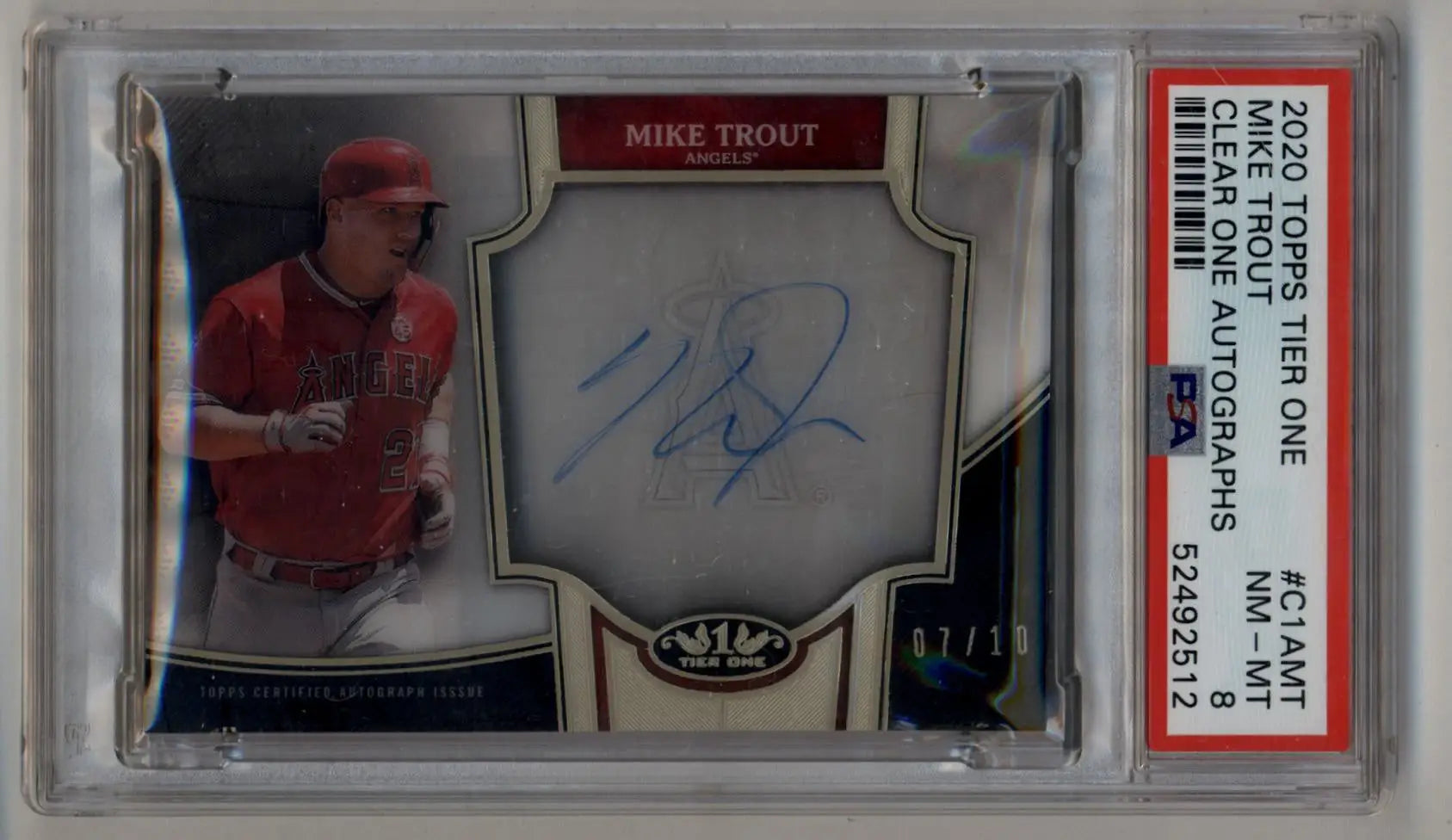 Graded Mike Trout baseball card with autograph from Topps Tier One, PSA 8 Near Mint Mint