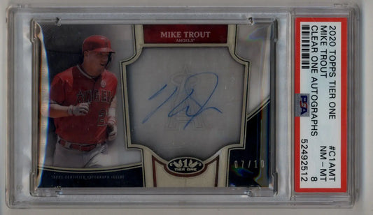 Graded Mike Trout baseball card with autograph from Topps Tier One, PSA 8 Near Mint Mint
