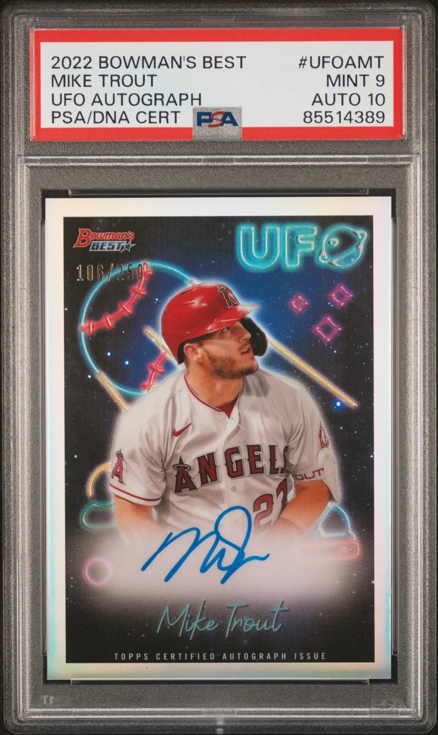 PSA-graded 2022 Bowmans Best UFO Mike Trout autograph baseball card featuring auto 10