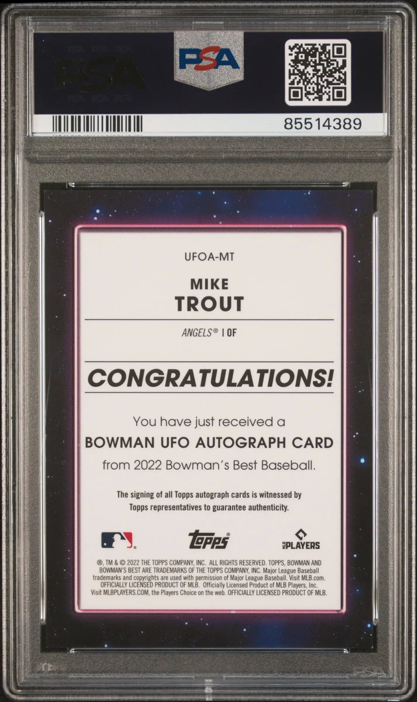 Mike Trout 2022 Bowmans Best UFO Autograph baseball card with PSA 9 auto 10