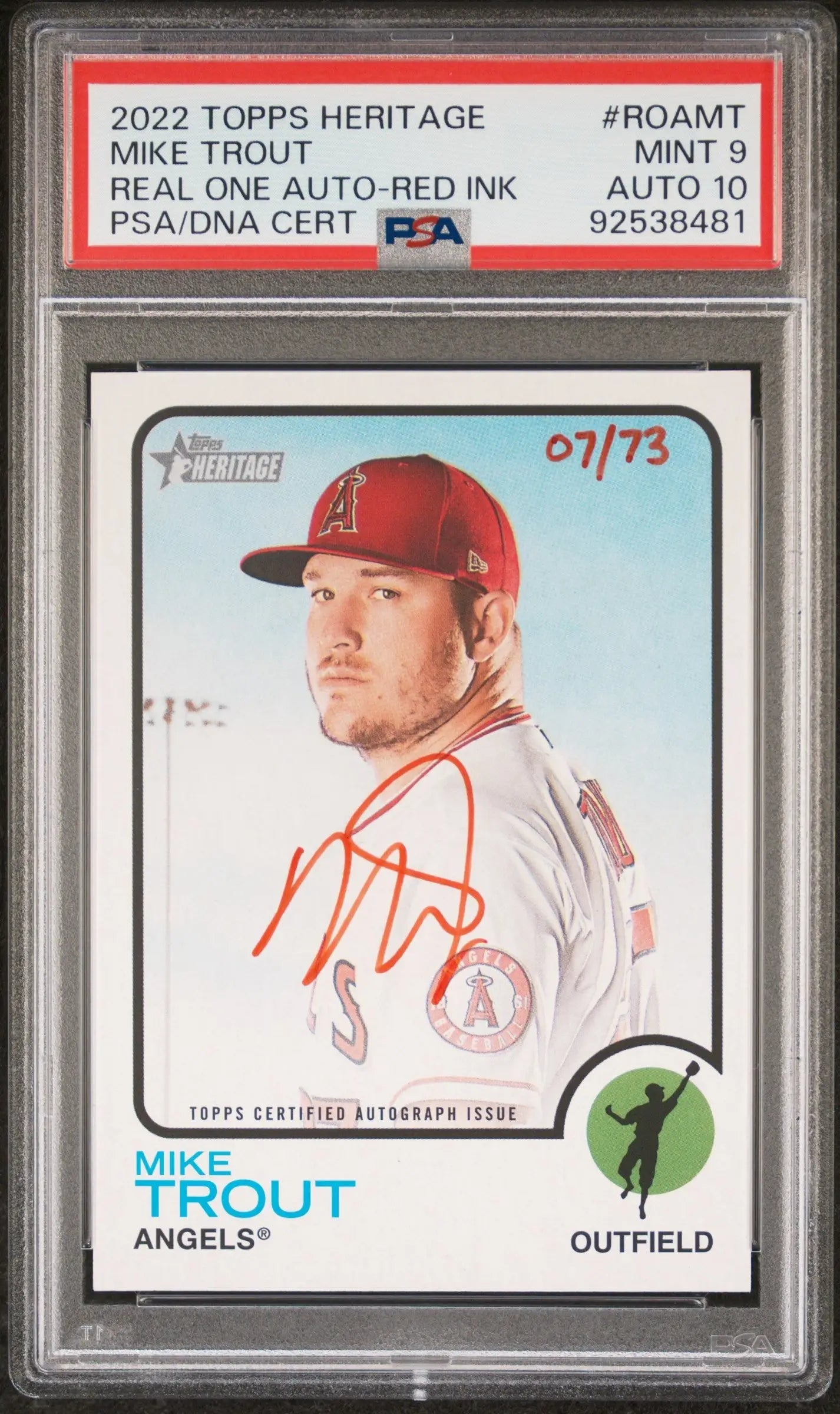 Mike Trout Topps Heritage 2022 red ink auto baseball card with PSA 9 auto 10