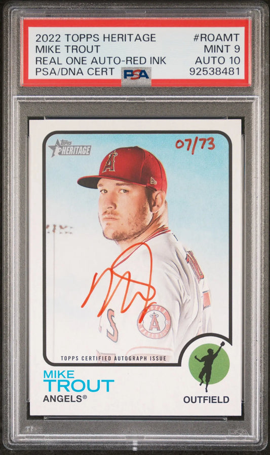 Mike Trout Topps Heritage 2022 red ink auto baseball card with PSA 9 auto 10