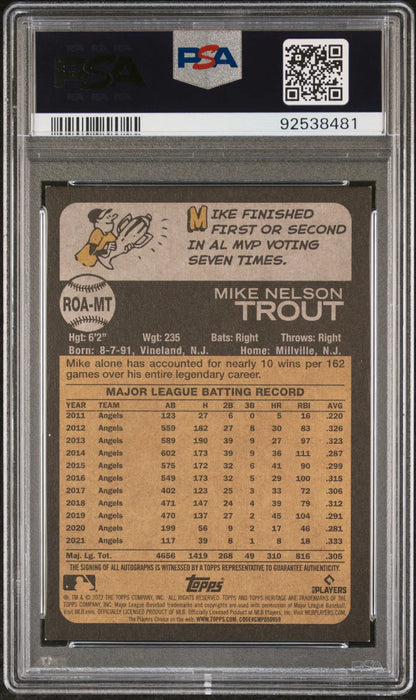 Graded Mike Trout 2022 Topps Heritage Red Ink Auto baseball card with career batting record