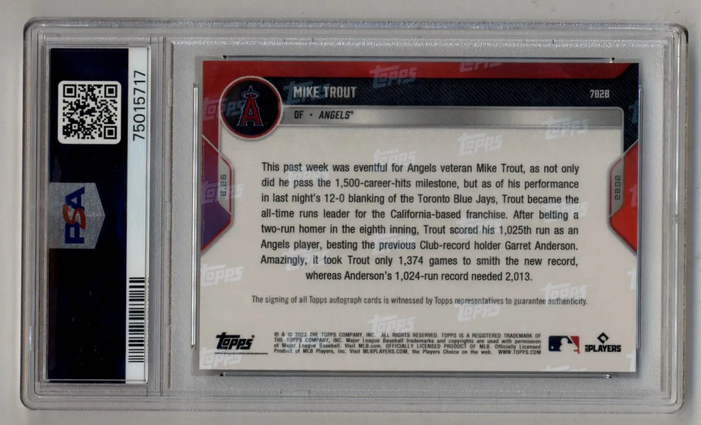 Graded Mike Trout 2022 Topps Now Auto Blue 14/49 PSA10 Gem Mint trading card