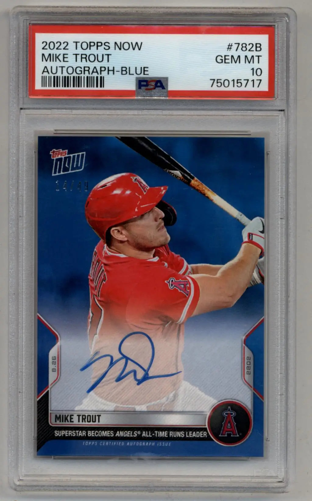 PSA10 Gem Mint Mike Trout Auto Blue 2022 Topps Now autographed baseball card