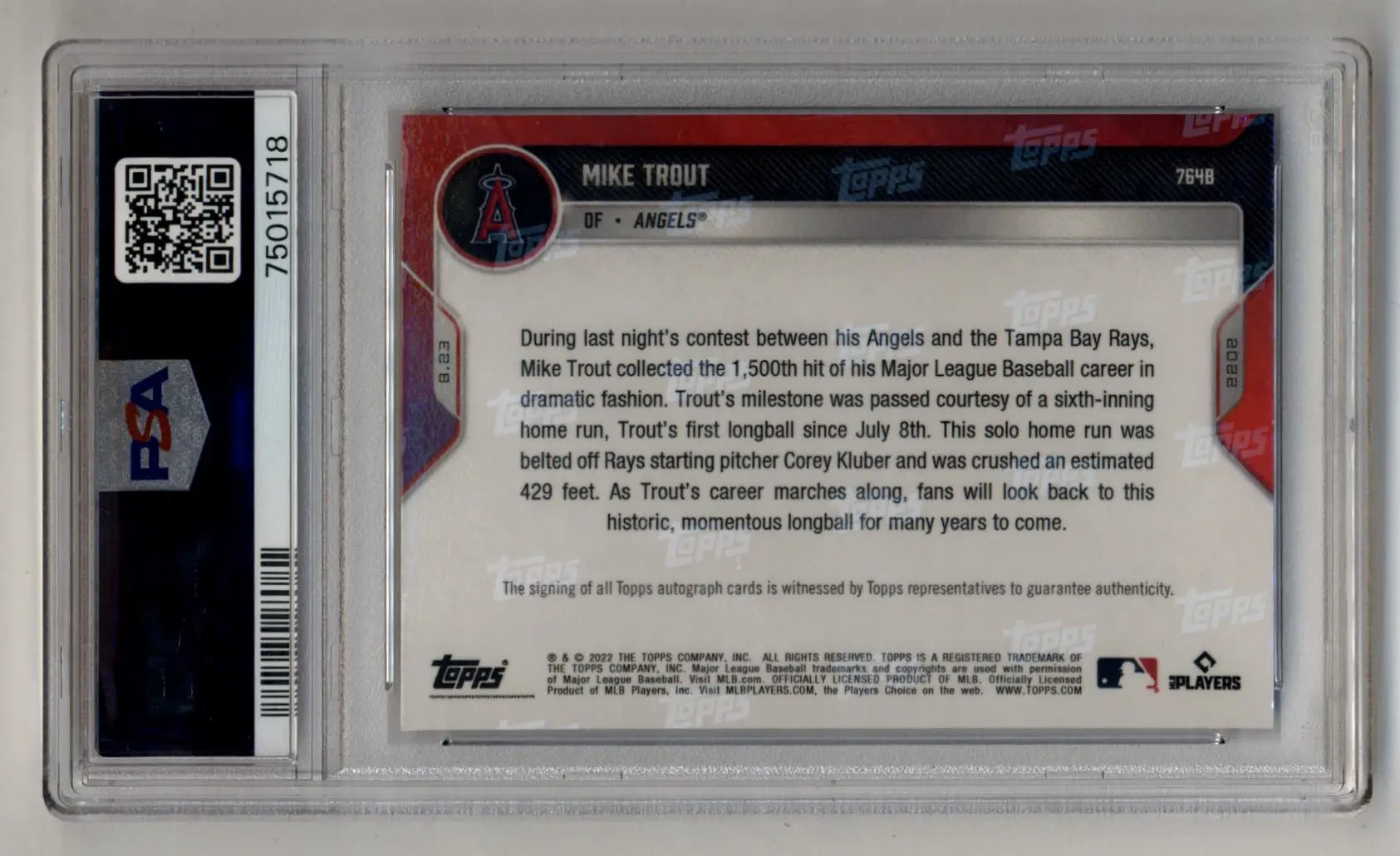 Mike Trout 2022 Topps Now Auto Blue trading card in protective case with QR code