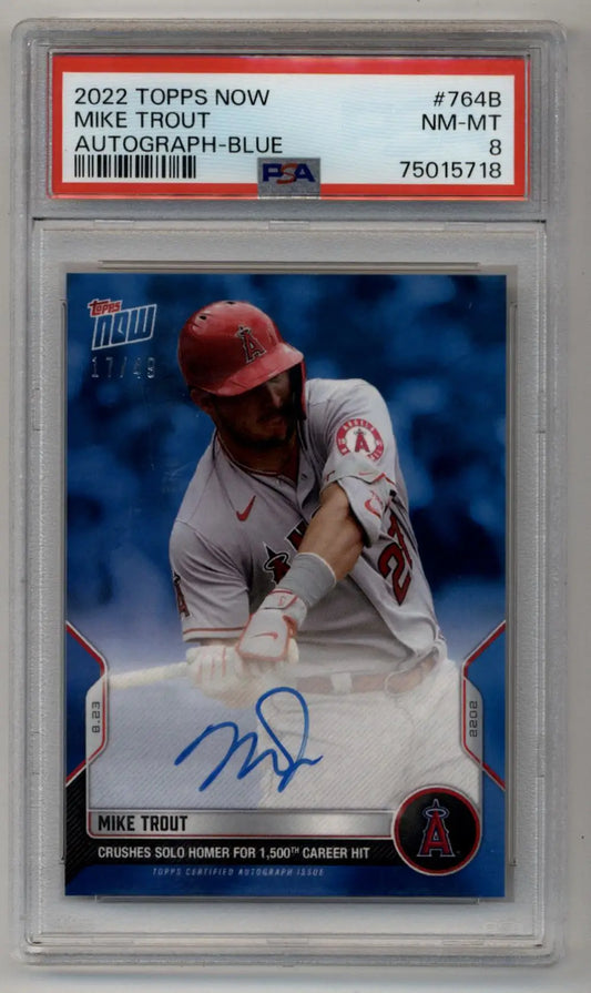 Mike Trout auto blue baseball card from 2022 Topps Now graded PSA 8 Near Mint-Mint