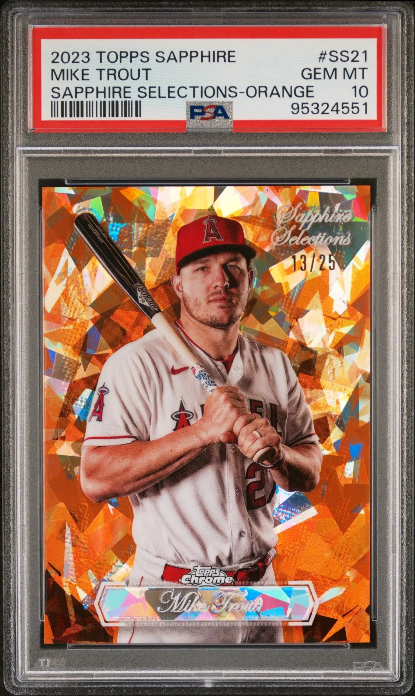 Mike Trout 2023 Topps Sapphire Selections Orange baseball card with orange sapphire design
