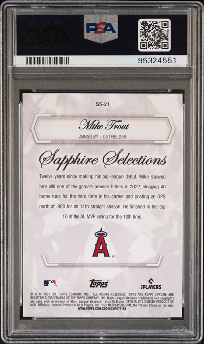 Back of Mike Trout 2023 Topps Sapphire Selections Orange card with Angels logo