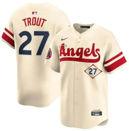 Cream-colored Angels baseball jersey featuring Mike Trout Los Angeles Angels Nike City Connect design