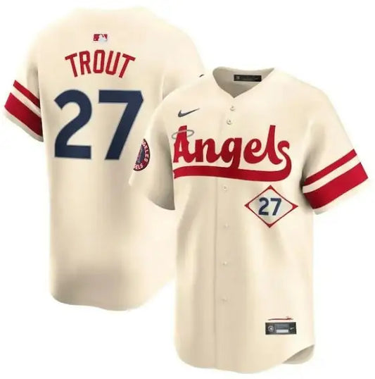 Cream-colored Angels baseball jersey featuring Mike Trout Los Angeles Angels Nike City Connect design