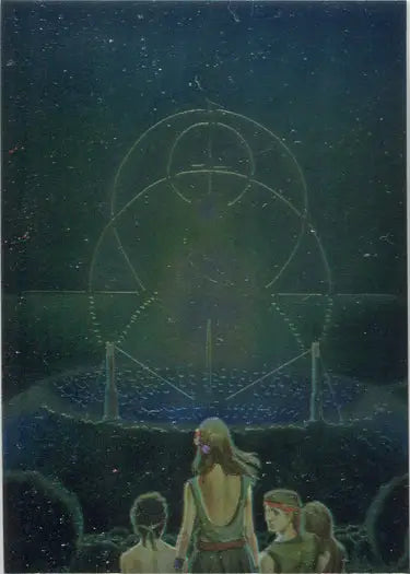 Ghostly geometric entity above people in Mike Whelan II Chromium Chase Card art