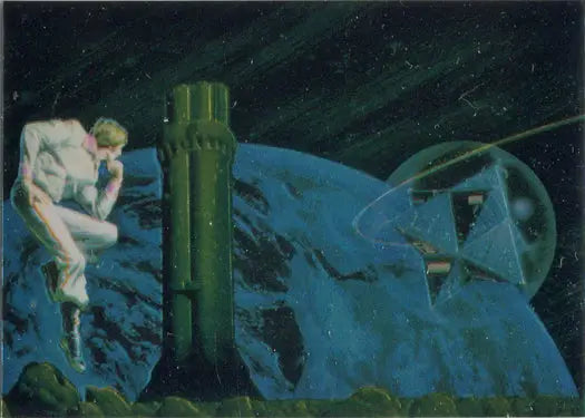 Surrealist painting of nude figure, green tower, and Earth in Mike Whelan II Chromium Chase Card