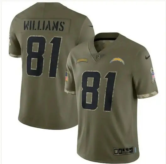 Olive green Los Angeles Chargers Mike Williams NFL Salute To Service jersey with number 81