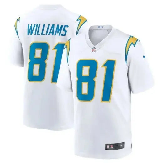 White Los Angeles Chargers Mike Williams Nike Game Jersey with teal 81 numbers