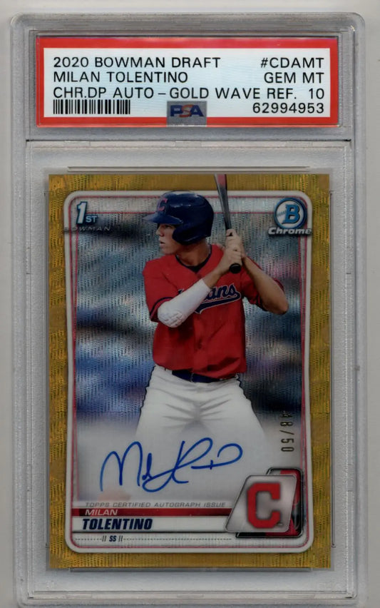 Milan Tolentino 2020 Bowman Chrome Draft Picks Gold Wave Refractor Auto 48/50 PSA 10 Gem Mint - Singles