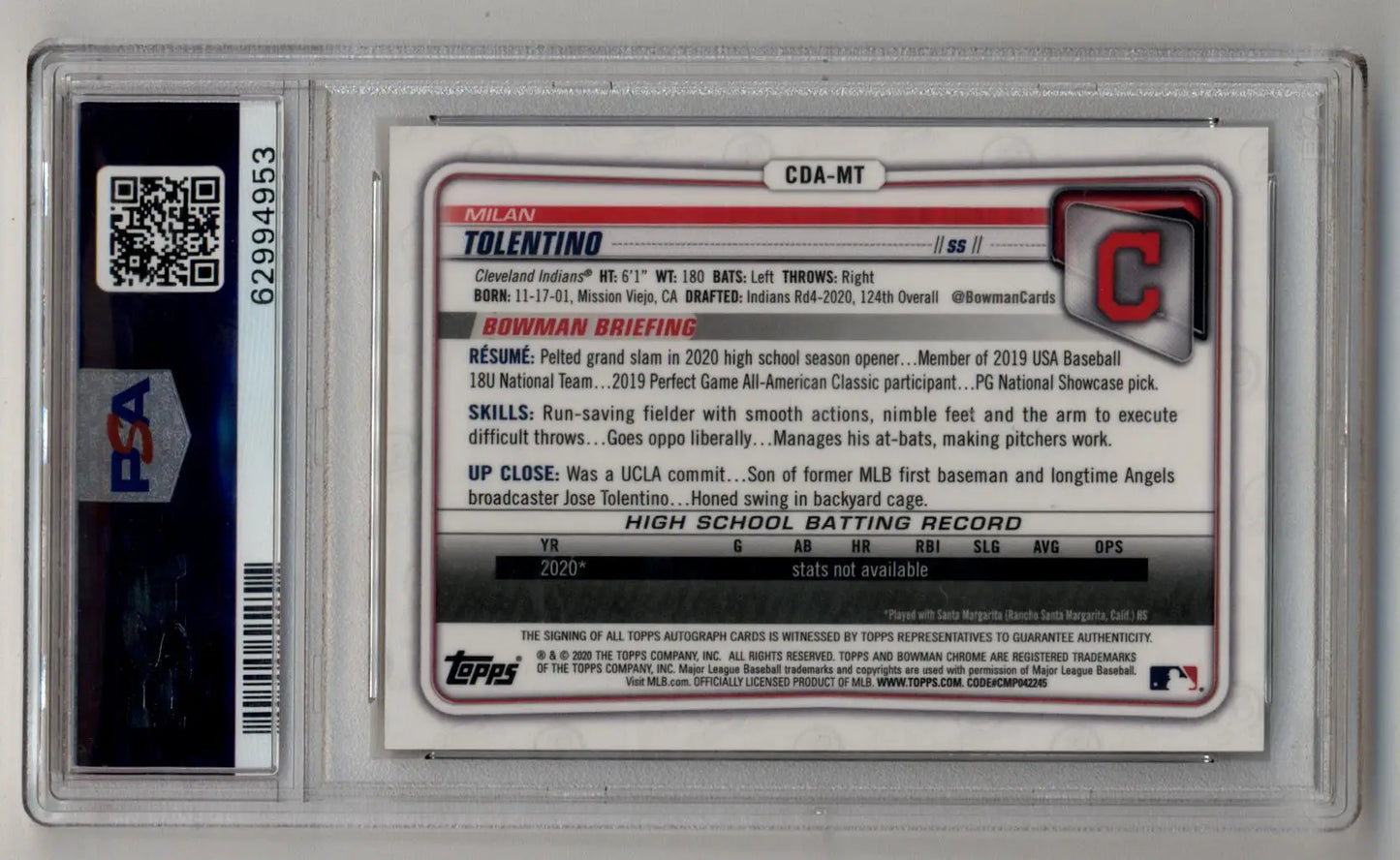 Milan Tolentino 2020 Bowman Chrome Draft Picks Gold Wave Refractor Auto 48/50 PSA 10 Gem Mint - Singles