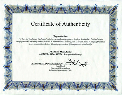 Certificate of authenticity for Miles Austin Auto Dallas Cowboys Jersey XXL Size 56