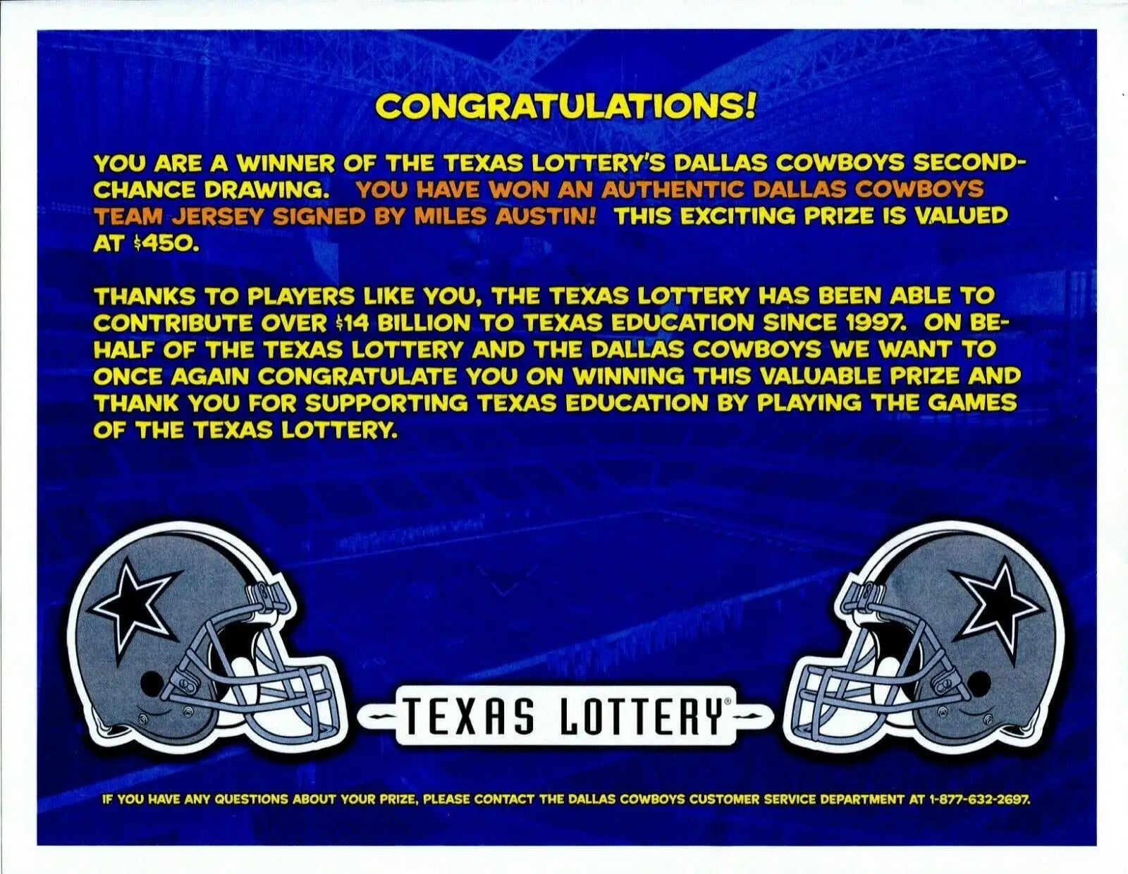 Texas Lottery prize announcement with Dallas Cowboys XXL Size jersey display