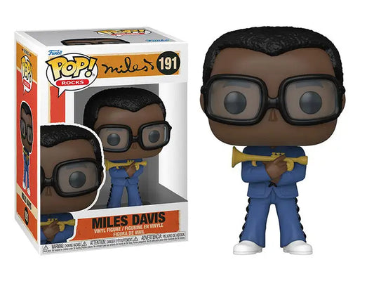 Miles Davis Funko Pop figure in blue outfit, glasses, holding trumpet