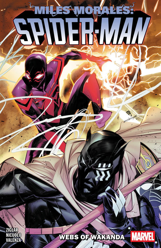 Comic book cover of Miles Morales Spider-Man by Cody Ziglar Volume featuring Webs of Wakanda