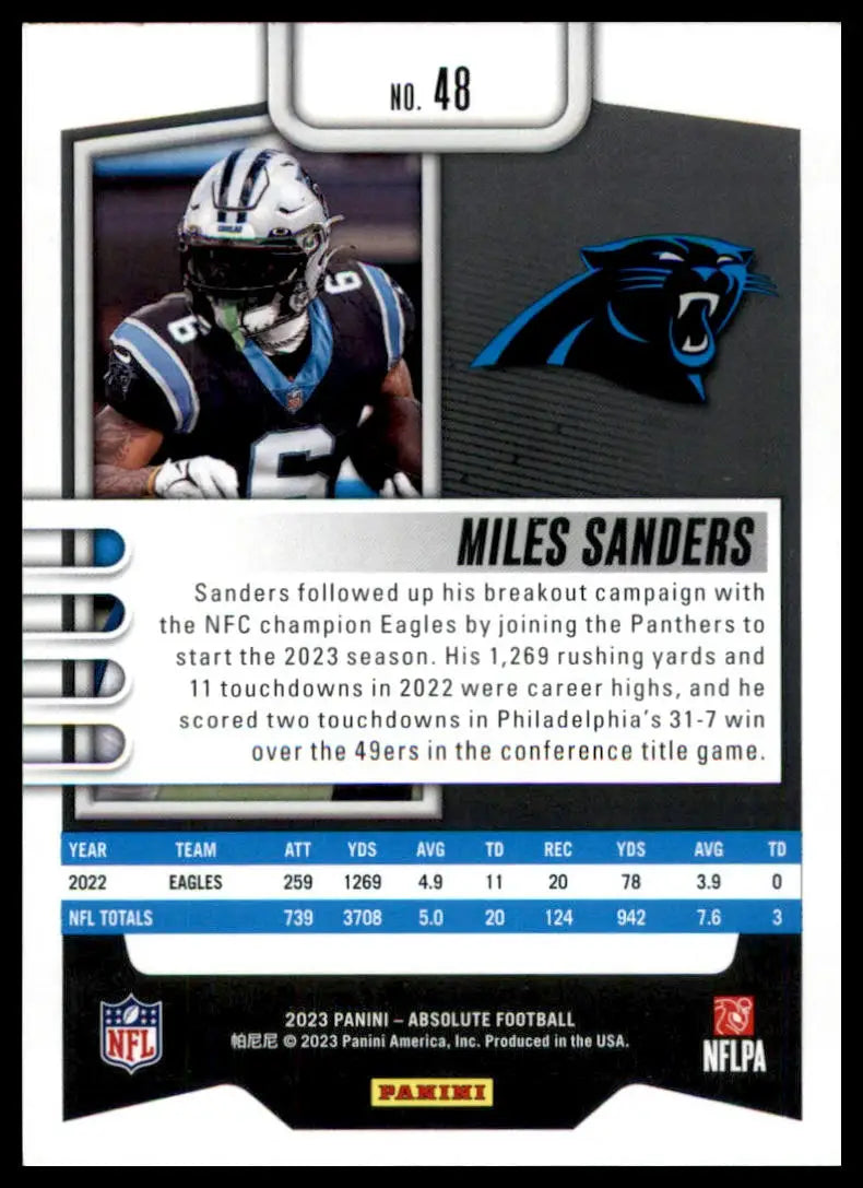 Miles Sanders football card from Panini Absolute 2023 Panthers series