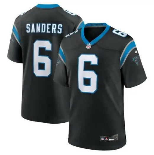 Black and blue Miles Sanders Carolina Panthers Nike Game Player Jersey with number 6 and Sanders on back