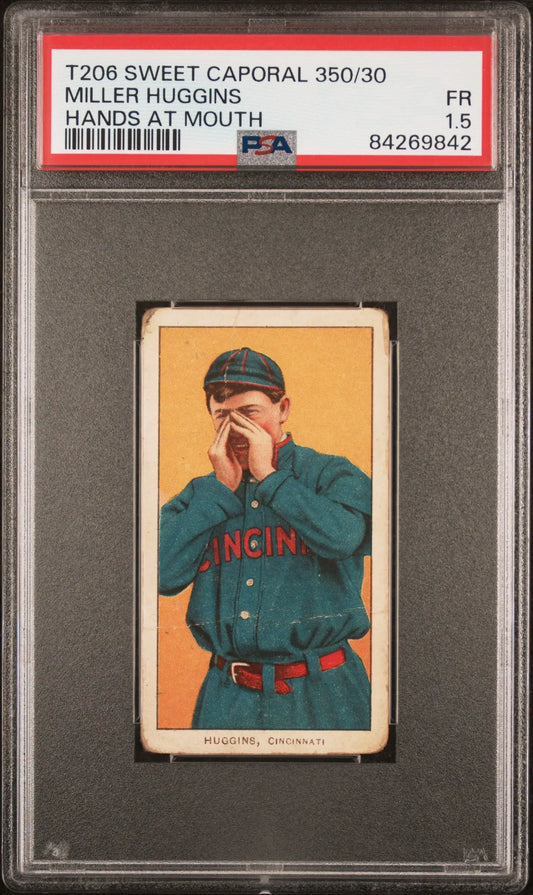 PSA-graded Miller Huggins T206 Sweet Caporal baseball card in green uniform