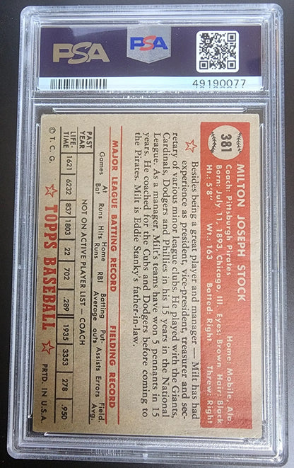 PSA-graded Milton Stock 1952 Topps #381 baseball card reverse side in protective holder