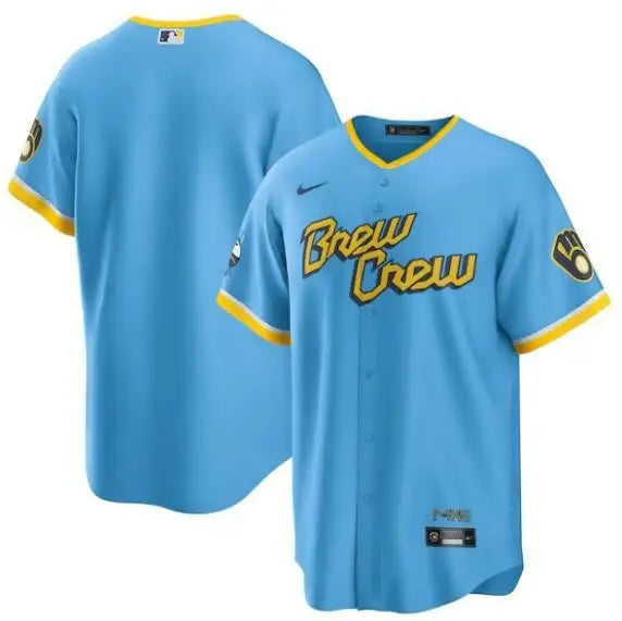 Light blue Brew Crew baseball jersey from Milwaukee Brewers Nike 2022 City Connect collection