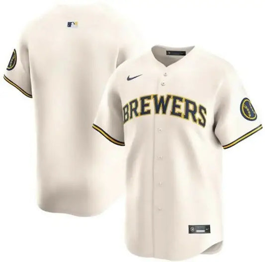 Cream-colored Milwaukee Brewers Nike Home Limited baseball jersey displayed in product image