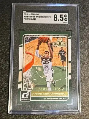 SGC graded Giannis Antetokounmpo basketball card from 2015-16 Donruss with Milwaukee Bucks hat
