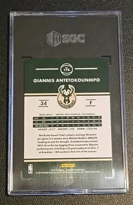 SGC graded Giannis Antetokounmpo basketball trading card with Milwaukee Bucks logo and lot