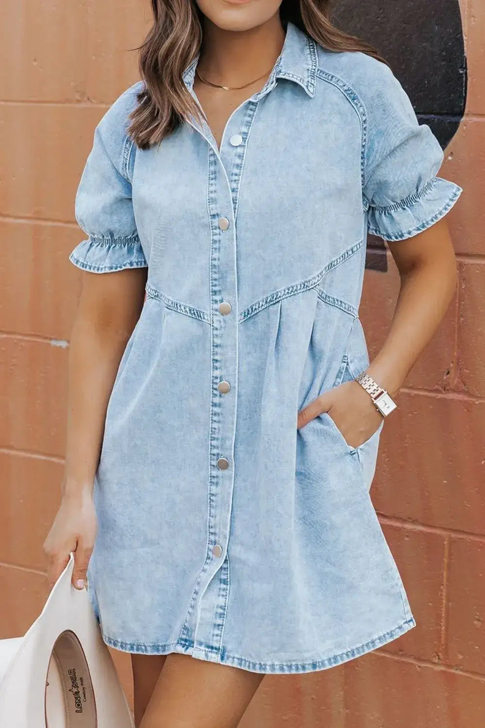 Mineral Wash Ruffle Sleeve Denim Dress - dress
