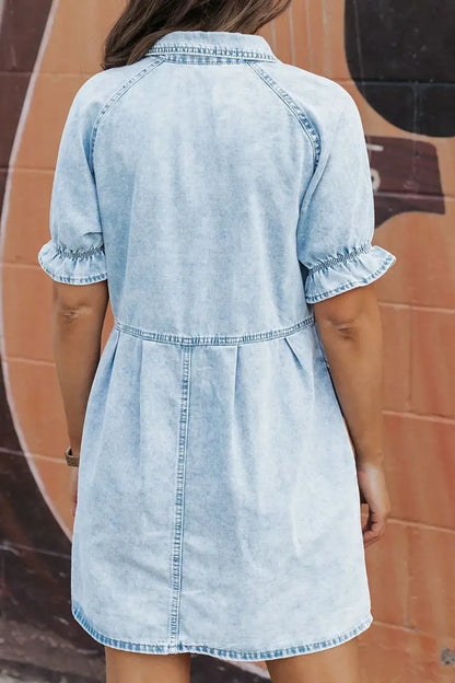 Mineral Wash Ruffle Sleeve Denim Dress - dress