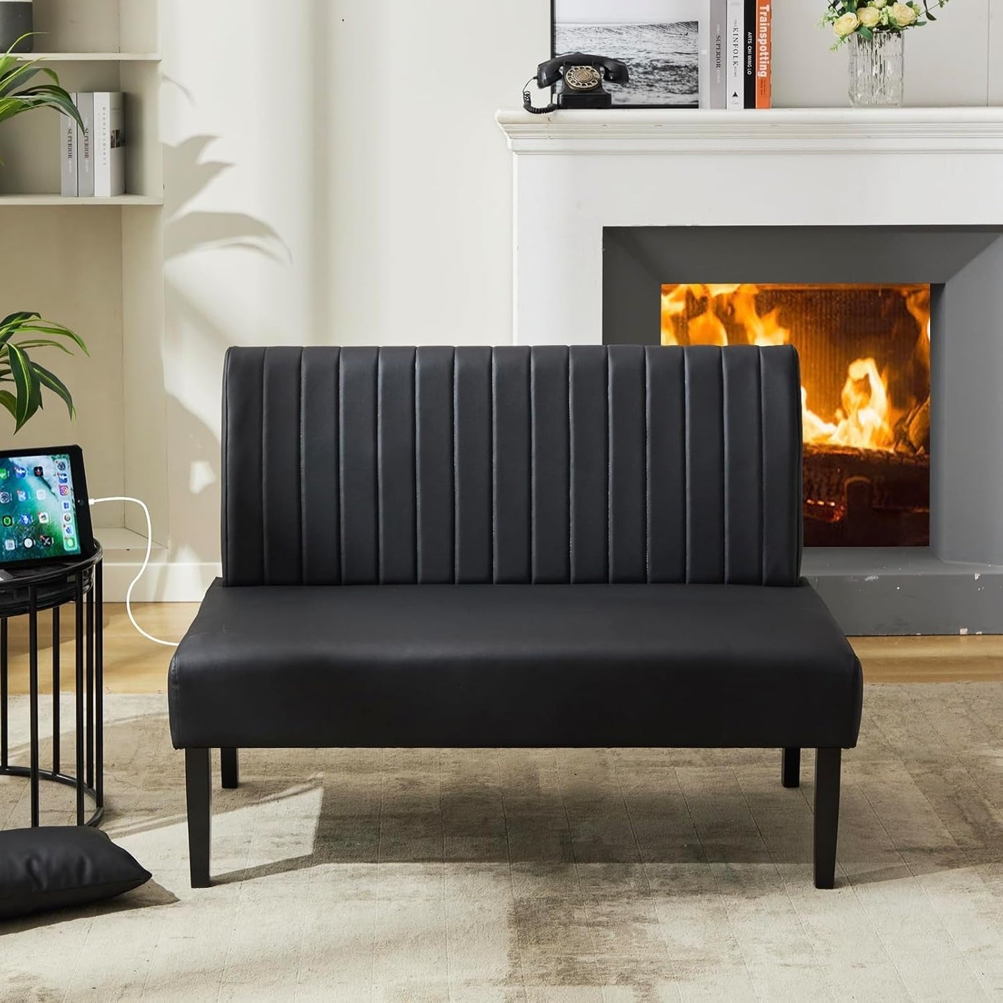 Mini Black Leather Loveseat Sofa with USB Ports-1
